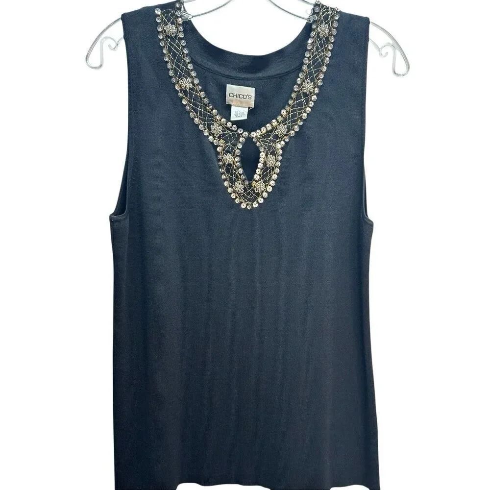 Chico's Black Sleeveless Shell Top Size 2 US Medium Beaded Sequin Keyhole Neck